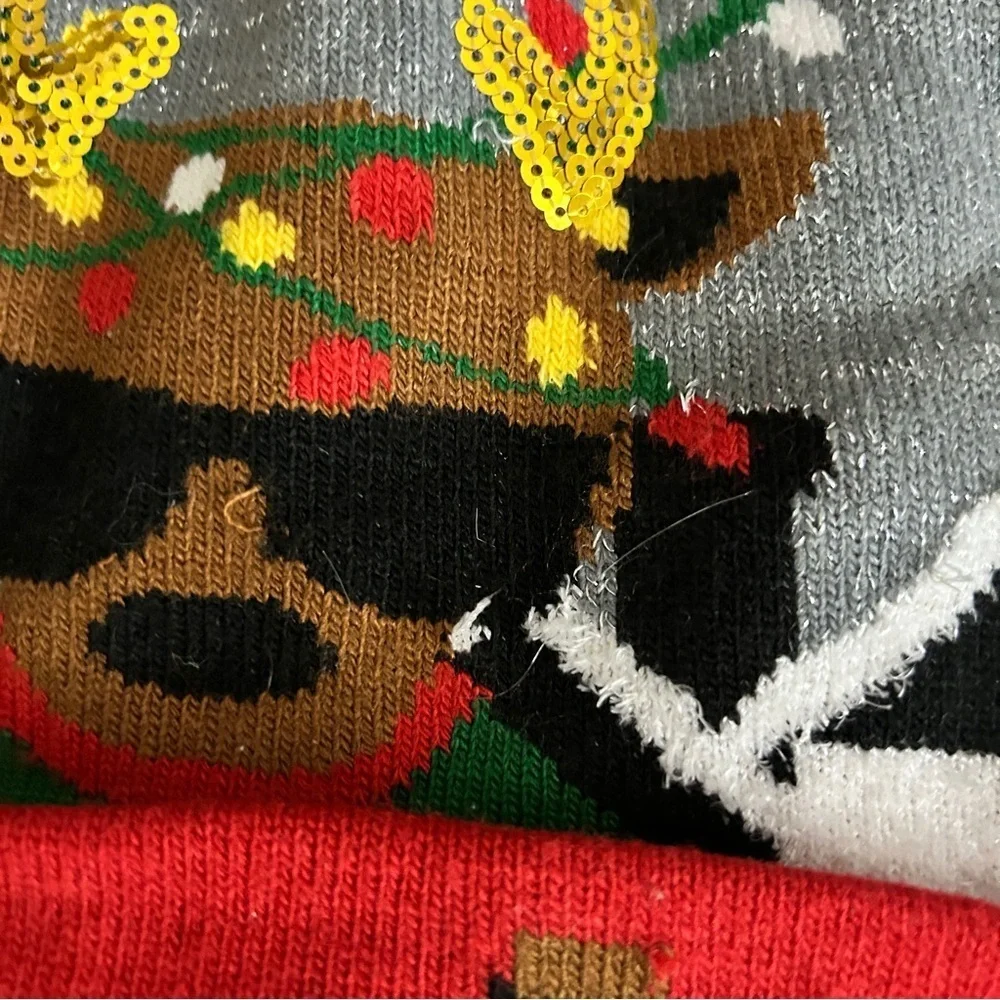 Lit Up Reindeer Christmas Beanie Hat Gray and Red Beanie